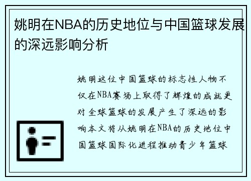 姚明在NBA的历史地位与中国篮球发展的深远影响分析